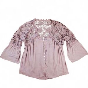 Boho Lace Crochet Bell Sleeve Blouse Mauve Dusty Pink/Purple Top Women Large